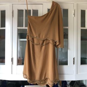 One Shoulder Scalloped Mini Dress with Gold Embelishment